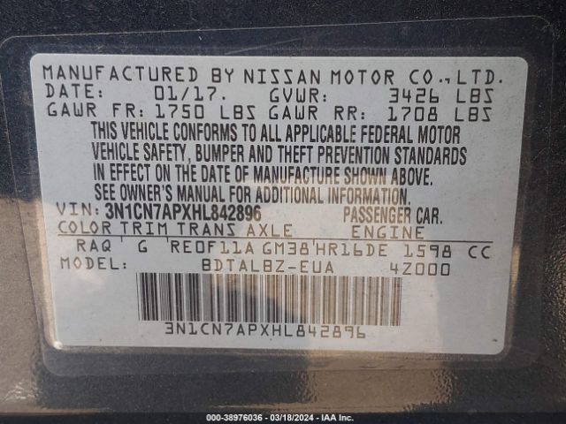 3N1CN7APXHL842896 Nissan Versa 1.6 Sv