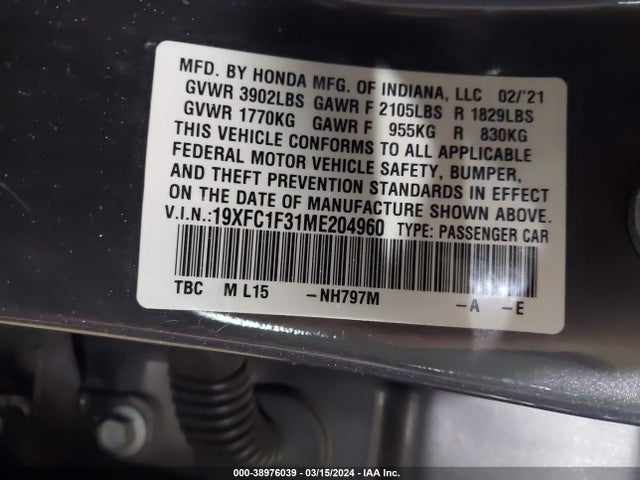 Honda CIVIC EX 2021 19XFC1F31ME204960 Image 9