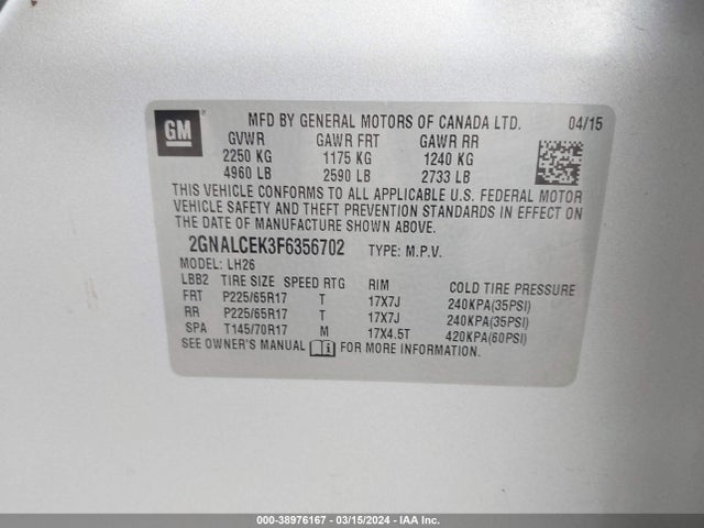 Chevrolet Equinox 2lt 2015 2GNALCEK3F6356702 Image 9