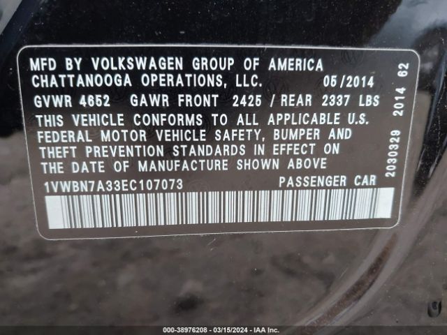 1VWBN7A33EC107073 Volkswagen Passat 2.0l Tdi Se