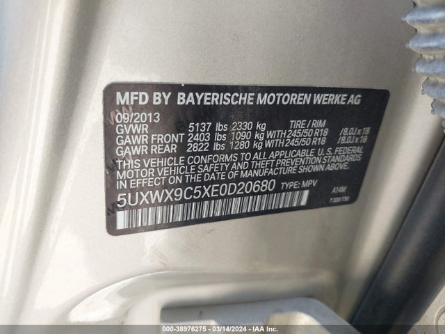 BMW X3 Xdrive28i 2014 5UXWX9C5XE0D20680 Image 9