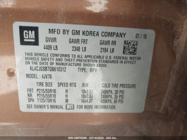 KL4CJGSB7GB610312 Buick Encore Leather