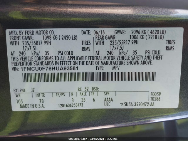 Ford ESCAPE S 2017 1FMCU0F76HUA93581 Image 9