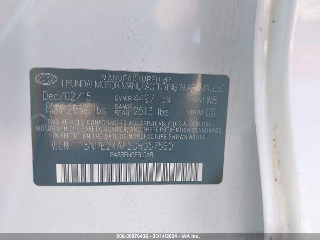 Hyundai SONATA SE 2016 5NPE24AF2GH357560 Image 9