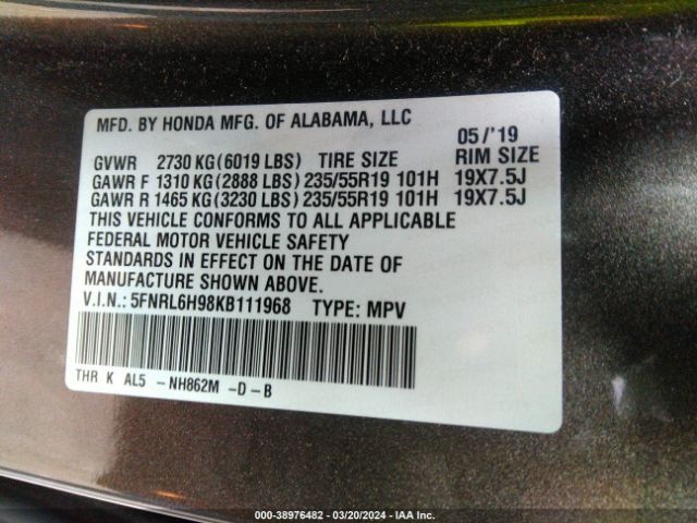 5FNRL6H98KB111968 Honda Odyssey Elite