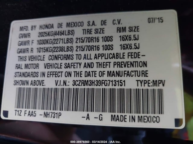 Honda CR-V LX 2015 3CZRM3H39FG713151 Image 9