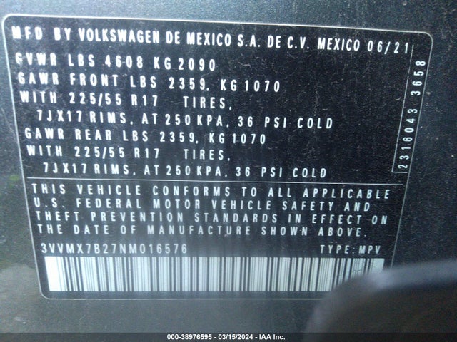 3VVMX7B27NM016576 Volkswagen Taos 1.5t S