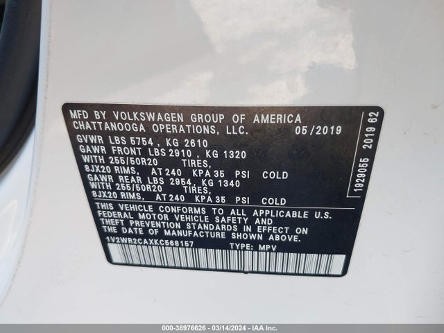 1V2WR2CAXKC568157 Volkswagen Atlas 3.6l V6 Se W/technology
