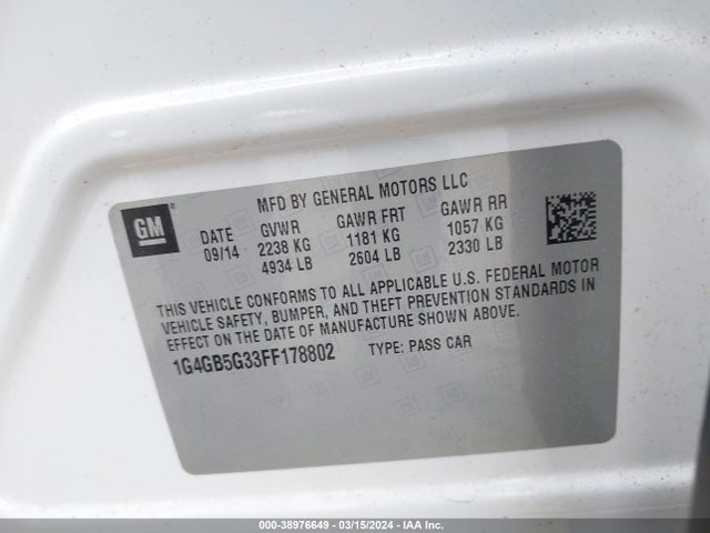 Buick Lacrosse Leather 2015 1G4GB5G33FF178802 Image 9