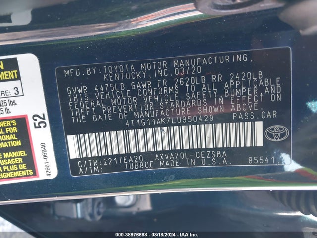 Toyota CAMRY SE 2020 4T1G11AK7LU950429 Image 9