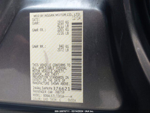 Nissan Altima 2.5 S 2015 1N4AL3APXFN376621 Image 9