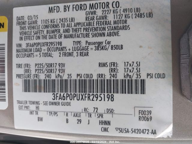 3FA6P0PUXFR295198 Ford Fusion Energi Se Luxury