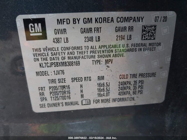 Chevrolet Trax Awd Lt 2021 KL7CJPSBXMB308169 Image 9