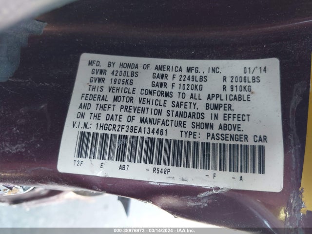 Honda ACCORD LX 2014 1HGCR2F39EA134461 Image 9