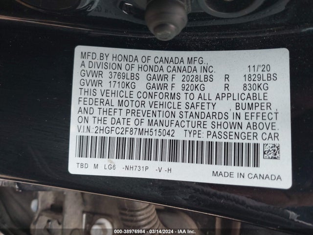 Honda Civic Sport 2021 2HGFC2F87MH515042 Image 9