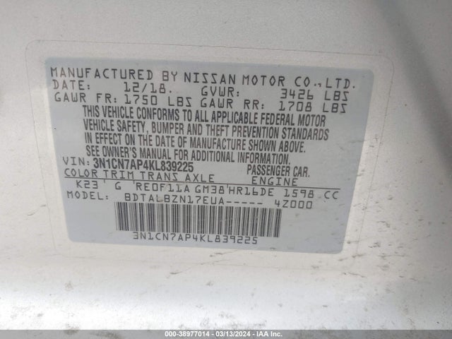 Nissan Versa 1.6 Sv 2019 3N1CN7AP4KL839225 Image 9
