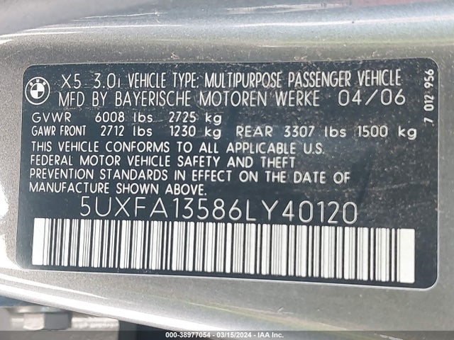 Продаж на аукціоні авто 2006 Bmw X5 3.0i, vin: 5UXFA13586LY40120, номер лоту: 38977054