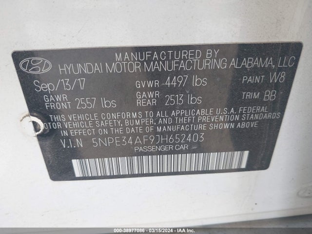 Hyundai Sonata Limited 2018 5NPE34AF9JH652403 Image 9