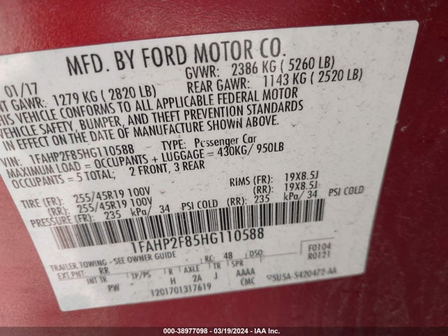 Ford Taurus Limited 2017 1FAHP2F85HG110588 Image 9