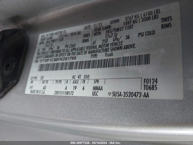 Ford F-150 Xl 2015 1FTMF1C88FKD61769 Image 9