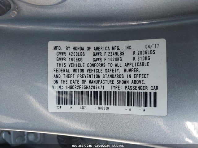 Honda ACCORD LX 2017 1HGCR2F35HA206471 Image 9