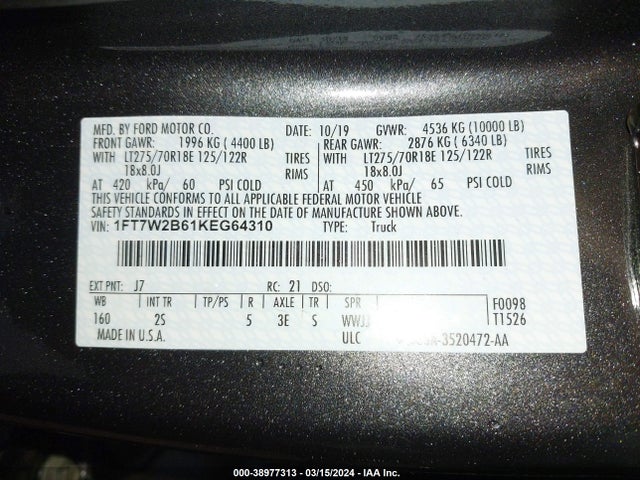 Ford F-250 Xlt 2019 1FT7W2B61KEG64310 Image 9