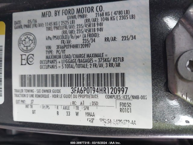 Ford FUSION SE 2017 3FA6P0T94HR120997 Image 9