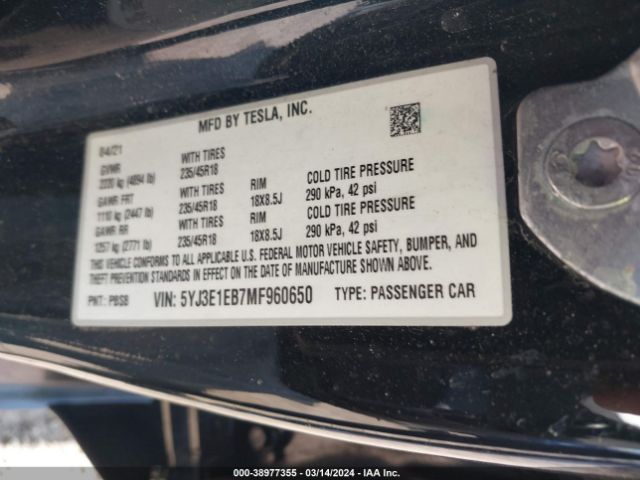 5YJ3E1EB7MF960650 Tesla Model 3 Long Range Dual Motor All-wheel Drive