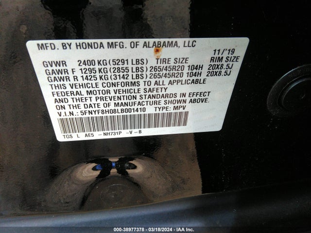Honda Passport Awd Elite 2020 5FNYF8H08LB001410 Image 9