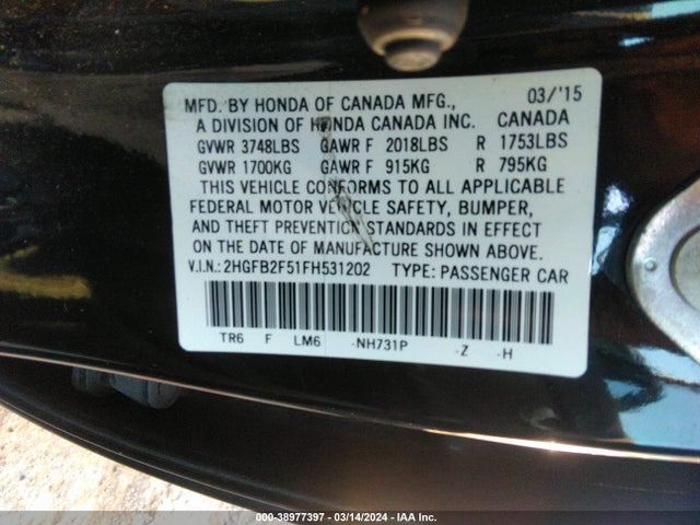 Honda Civic Lx 2015 2HGFB2F51FH531202 Image 9