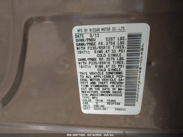 Nissan MURANO SL 2014 JN8AZ1MW2EW500586 Image 9
