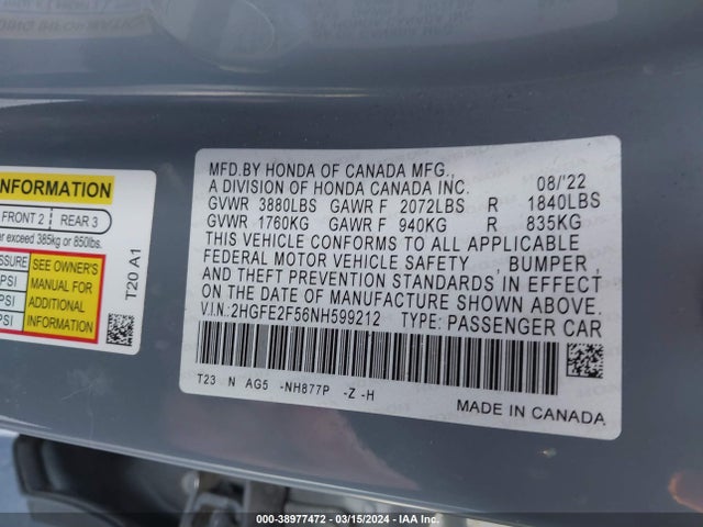 Honda Civic Sport 2022 2HGFE2F56NH599212 Image 9