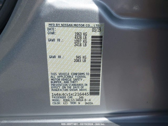 Nissan Altima 2.5 Sr 2019 1N4BL4CV1KC216445 Image 9