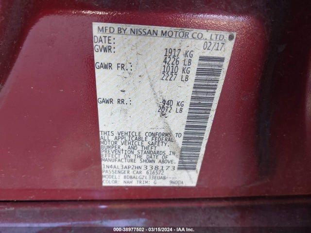 Nissan Altima 2.5 S 2017 1N4AL3AP2HN338173 Image 9