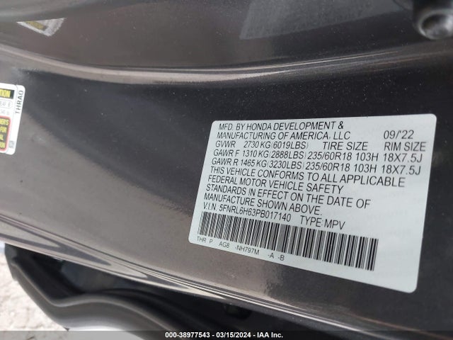Honda Odyssey Ex-l 2023 5FNRL6H63PB017140 Image 9