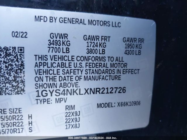 1GYS4NKLXNR212726 Cadillac Escalade Esv 4wd Sport