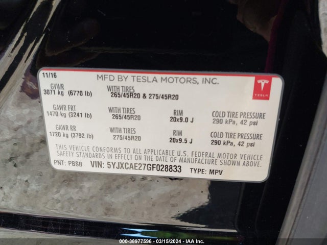 Tesla Model X 60d/70d/75d/90d 2016 5YJXCAE27GF028833 Image 9