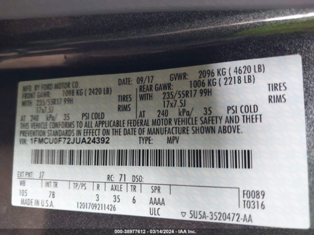 1FMCU0F72JUA24392 Ford ESCAPE S