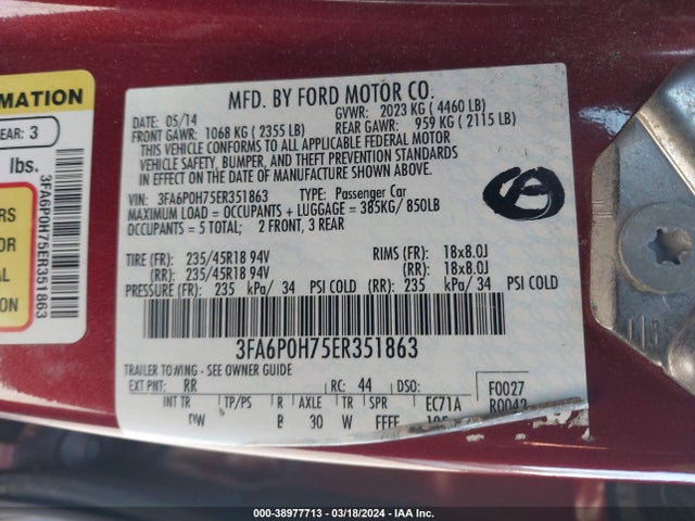 Ford FUSION SE 2014 3FA6P0H75ER351863 Image 9