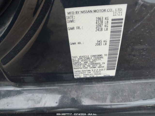 1N4BL4DV5NN322307 Nissan Altima Sv Fwd