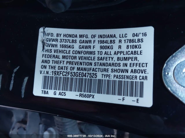 Honda Civic Lx 2016 19XFC2F53GE047525 Image 9