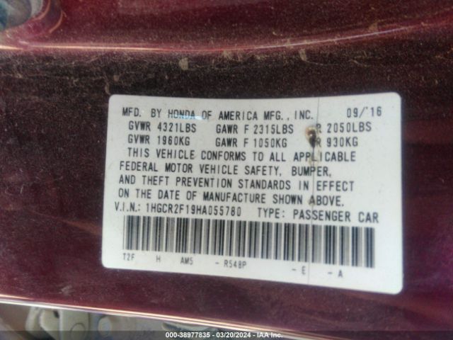 1HGCR2F19HA055780 Honda Accord Sport Se