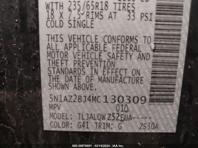 5N1AZ2BJ4MC130309 Nissan Murano Sv Fwd