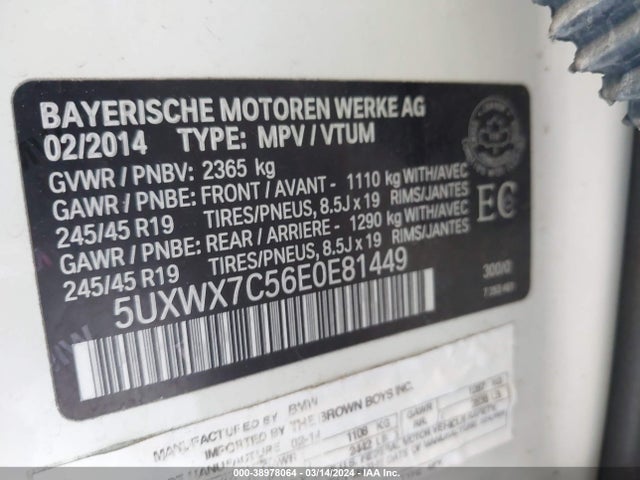 5UXWX7C56E0E81449 BMW X3 Xdrive35i
