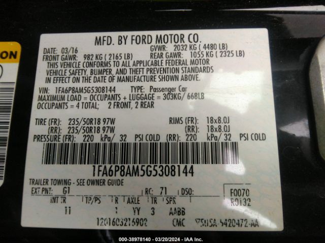 1FA6P8AM5G5308144 Ford Mustang V6