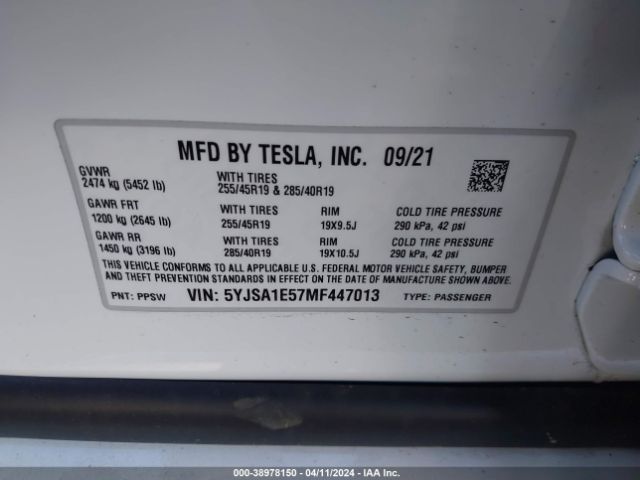 5YJSA1E57MF447013 Tesla Model S Long Range Dual Motor All-wheel Drive