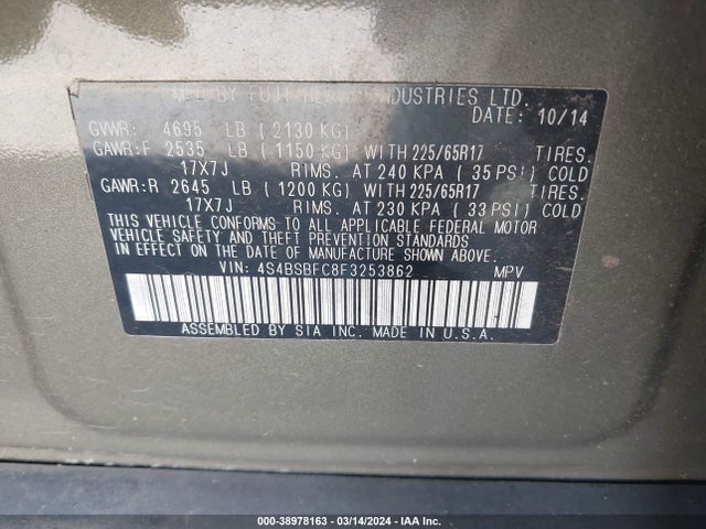 Subaru Outback 2.5i Premium 2015 4S4BSBFC8F3253862 Image 9