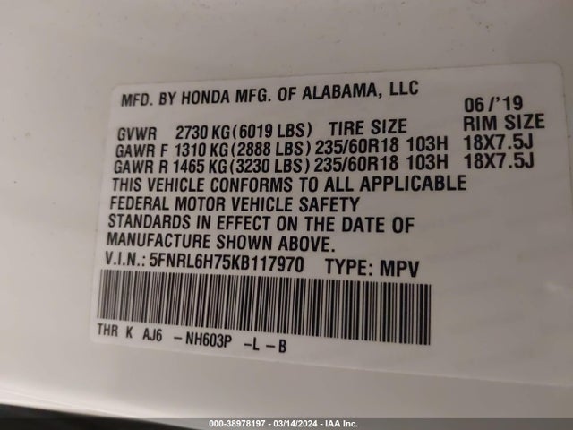 Honda Odyssey Ex-l 2019 5FNRL6H75KB117970 Image 9