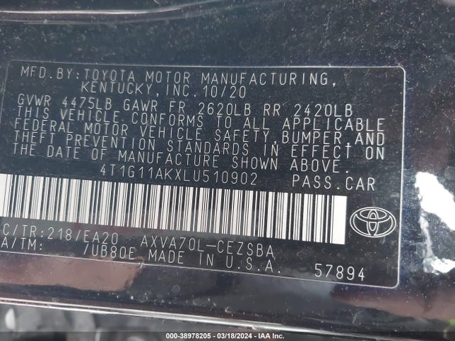 Toyota CAMRY SE 2020 4T1G11AKXLU510902 Image 9