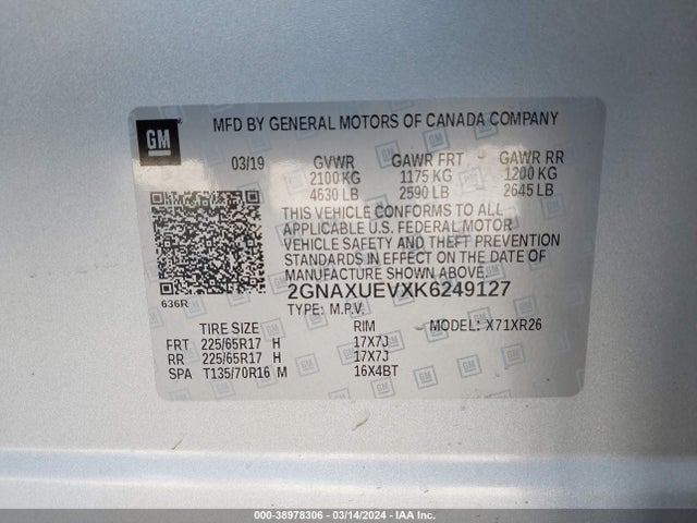 Chevrolet EQUINOX LT 2019 2GNAXUEVXK6249127 Image 9